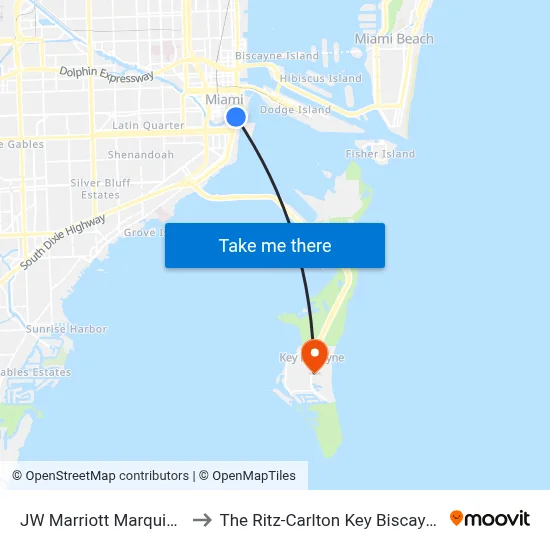 JW Marriott Marquis Miami to The Ritz-Carlton Key Biscayne, Miami map