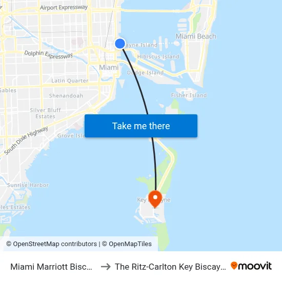Miami Marriott Biscayne Bay to The Ritz-Carlton Key Biscayne, Miami map