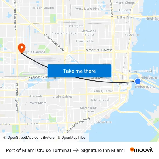 Port of Miami Cruise Terminal to Signature Inn Miami map