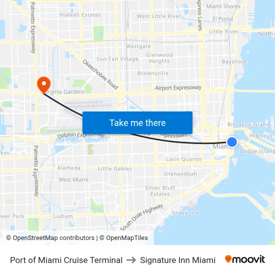 Port of Miami Cruise Terminal to Signature Inn Miami map