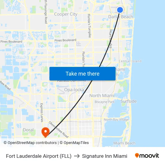 Fort Lauderdale Airport (FLL) to Signature Inn Miami map