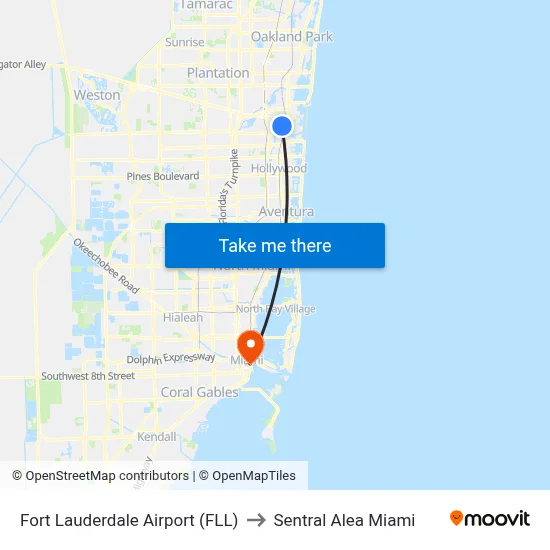 Fort Lauderdale Airport (FLL) to Sentral Alea Miami map