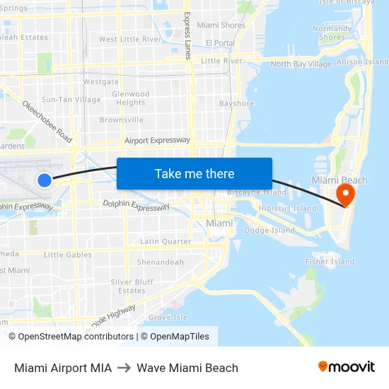 Miami Airport MIA to Wave Miami Beach map