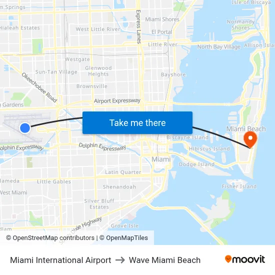 Miami International Airport to Wave Miami Beach map