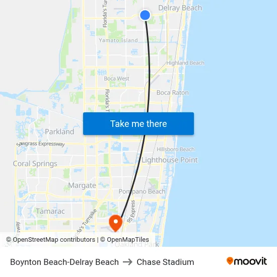 Boynton Beach-Delray Beach to Chase Stadium map