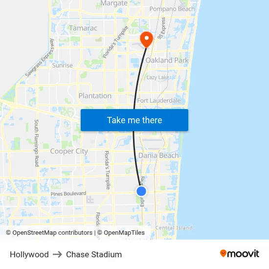 Hollywood to Chase Stadium map