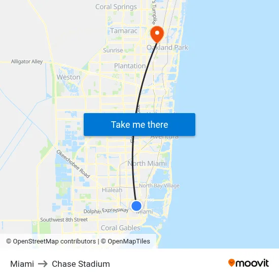 Miami to Chase Stadium map