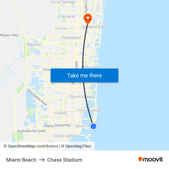 Miami Beach to Chase Stadium map