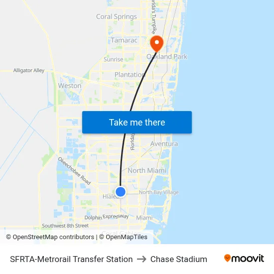 SFRTA-Metrorail Transfer Station to Chase Stadium map