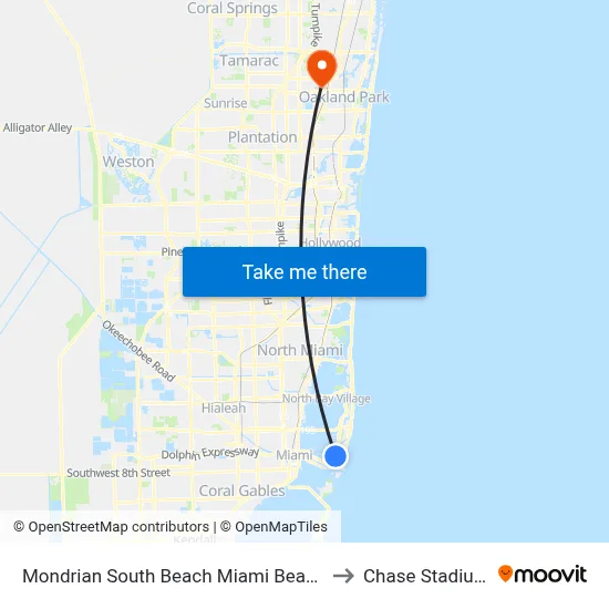 Mondrian South Beach Miami Beach to Chase Stadium map