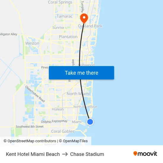 Kent Hotel Miami Beach to Chase Stadium map