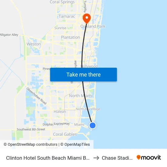 Clinton Hotel South Beach Miami Beach to Chase Stadium map