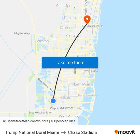 Trump National Doral Miami to Chase Stadium map