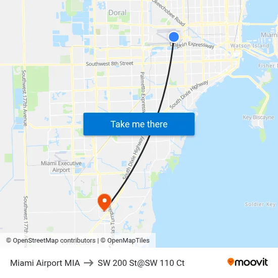 Miami Airport MIA to SW 200 St@SW 110 Ct map