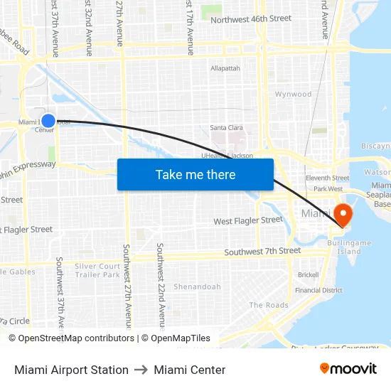 Miami Airport Station to Miami Center map