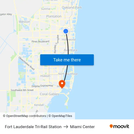 Fort Lauderdale Tri-Rail Station to Miami Center map