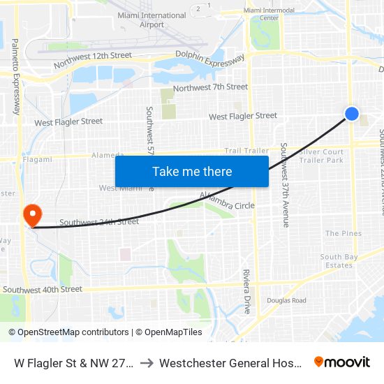 W Flagler St & NW 27 Av to Westchester General Hospital map