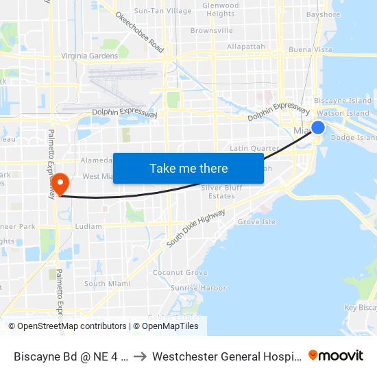 Biscayne Bd @ NE 4 St to Westchester General Hospital map