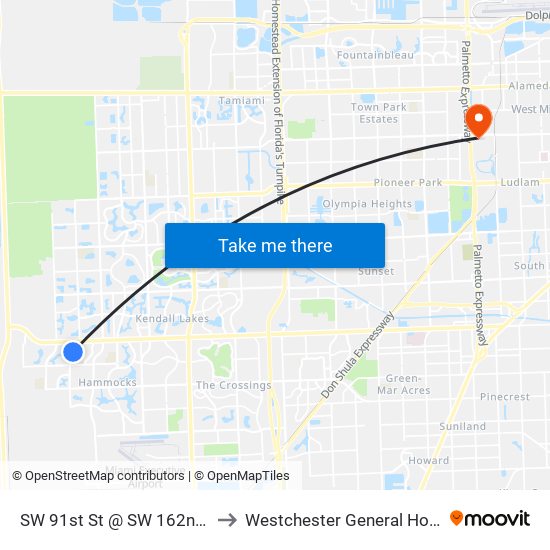 SW 91st St @ SW 162nd Ave to Westchester General Hospital map