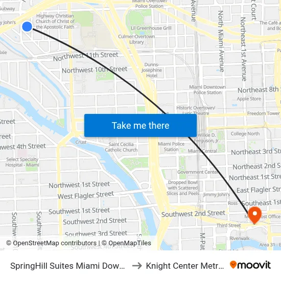 SpringHill Suites Miami Downtown Medical Center to Knight Center Metromover Station map