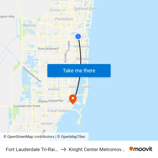 Fort Lauderdale Tri-Rail Station to Knight Center Metromover Station map
