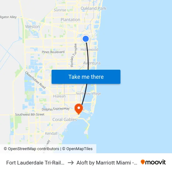 Fort Lauderdale Tri-Rail Station to Aloft by Marriott Miami - Brickell map
