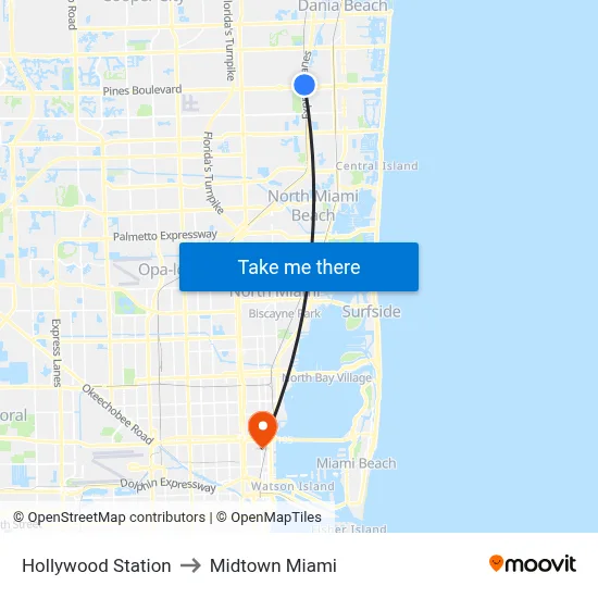 Hollywood Station to Midtown Miami map