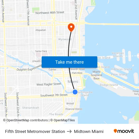 Fifth Street Metromover Station to Midtown Miami map
