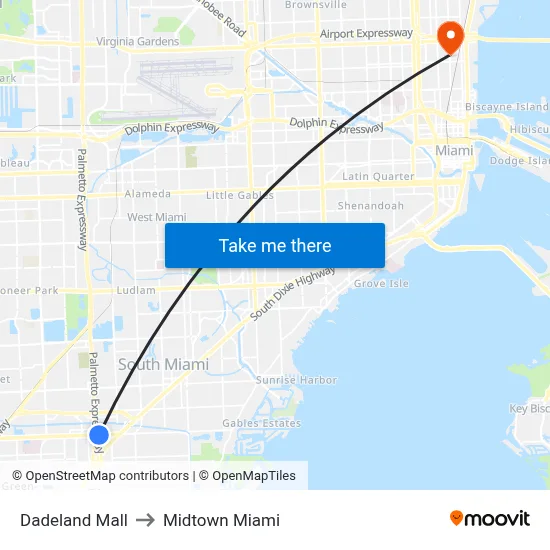 Dadeland Mall to Midtown Miami map