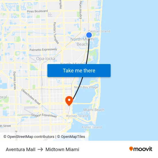 Aventura Mall to Midtown Miami map