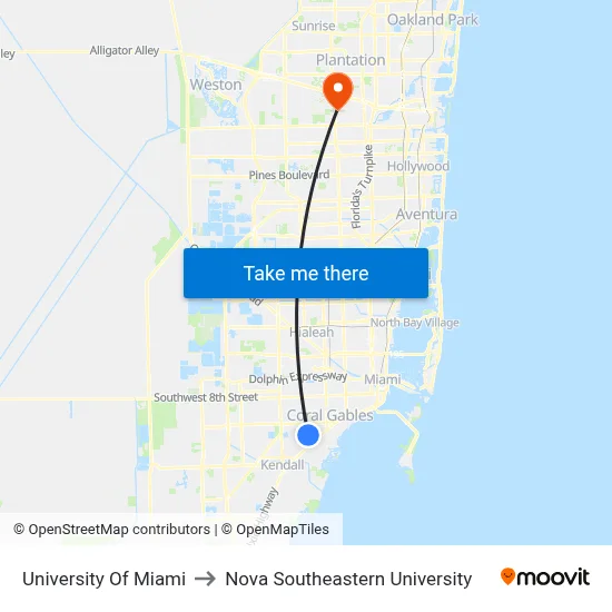 University Of Miami to Nova Southeastern University map