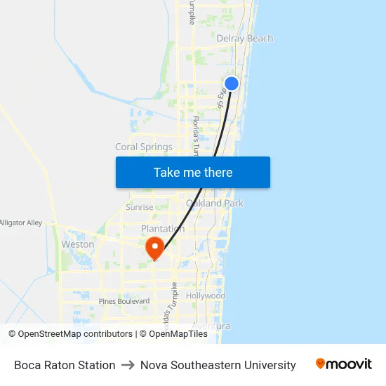 Boca Raton Station to Nova Southeastern University map
