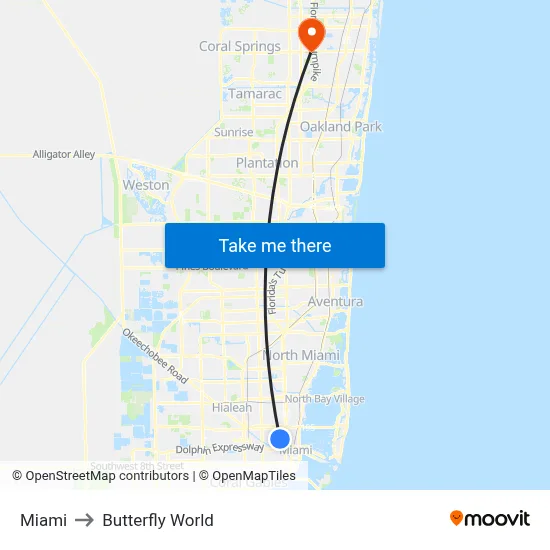 Miami to Butterfly World map