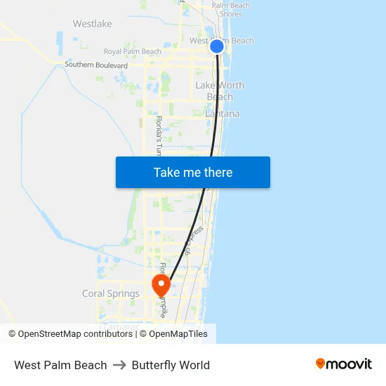 West Palm Beach to Butterfly World map