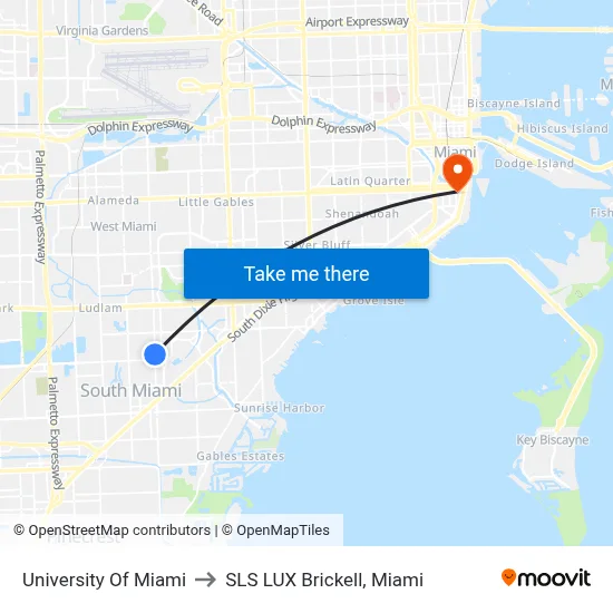 University Of Miami to SLS LUX Brickell, Miami map