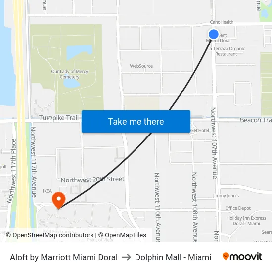 Aloft by Marriott Miami Doral to Dolphin Mall - Miami map