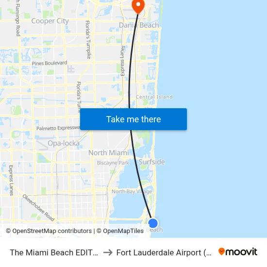 The Miami Beach EDITION to Fort Lauderdale Airport (FLL) map