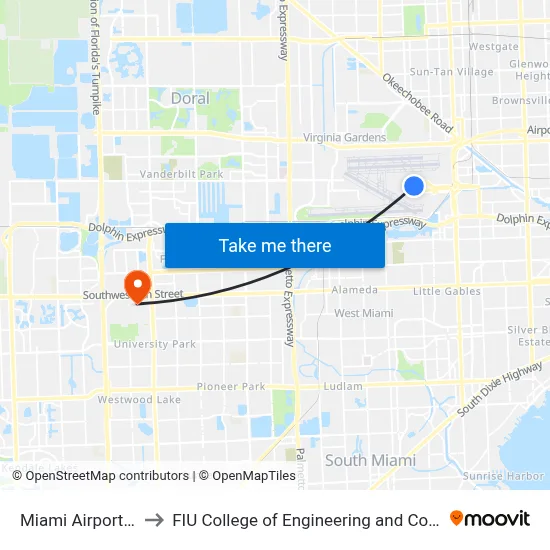Miami Airport MIA to FIU College of Engineering and Computing map