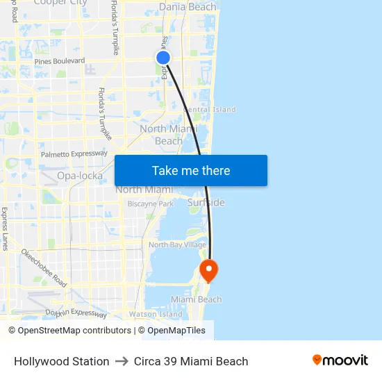 Hollywood Station to Circa 39 Miami Beach map