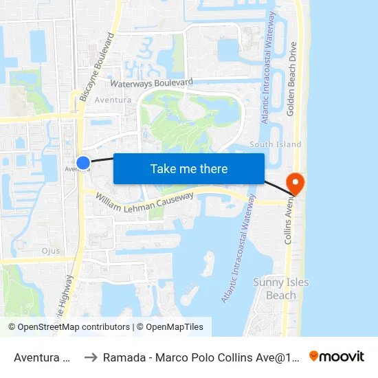Aventura Mall to Ramada - Marco Polo Collins Ave@192 ST map