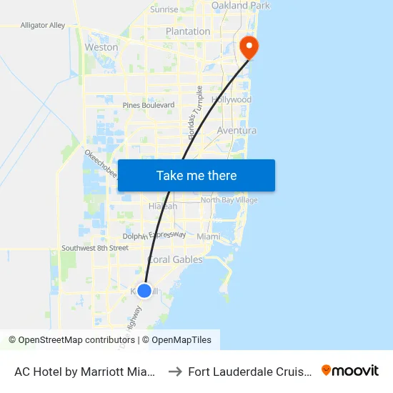 AC Hotel by Marriott Miami Dadeland to Fort Lauderdale Cruise Terminal map