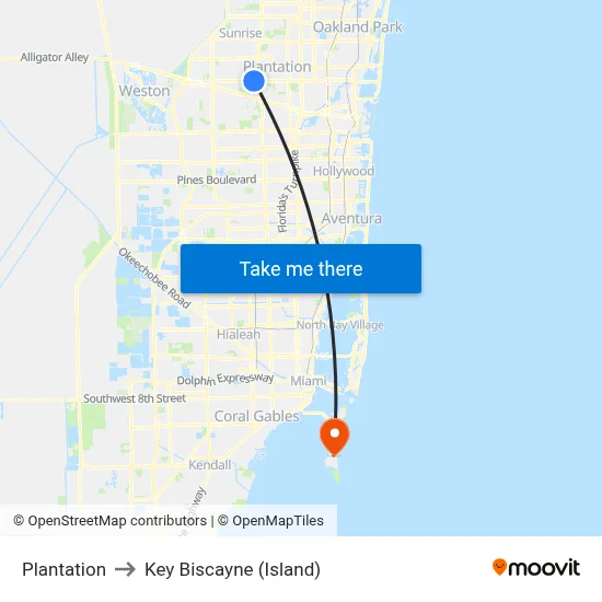 Plantation to Key Biscayne (Island) map