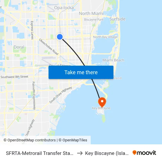 SFRTA-Metrorail Transfer Station to Key Biscayne (Island) map