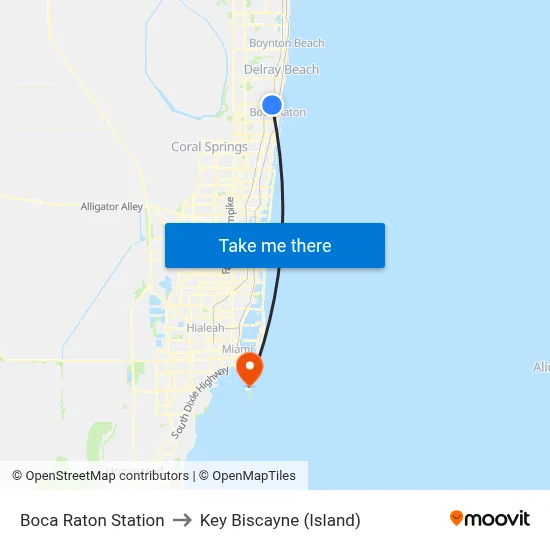 Boca Raton Station to Key Biscayne (Island) map