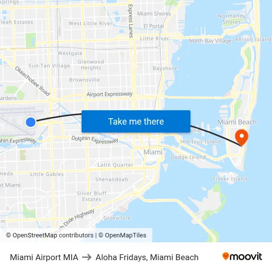 Miami Airport MIA to Aloha Fridays, Miami Beach map