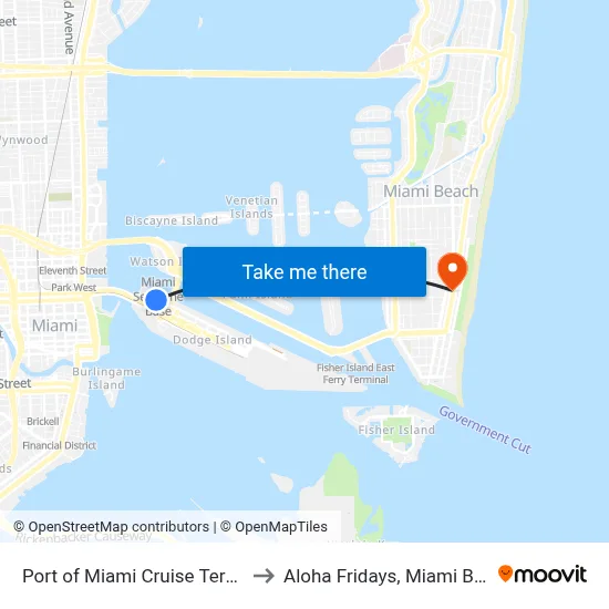Port of Miami Cruise Terminal to Aloha Fridays, Miami Beach map