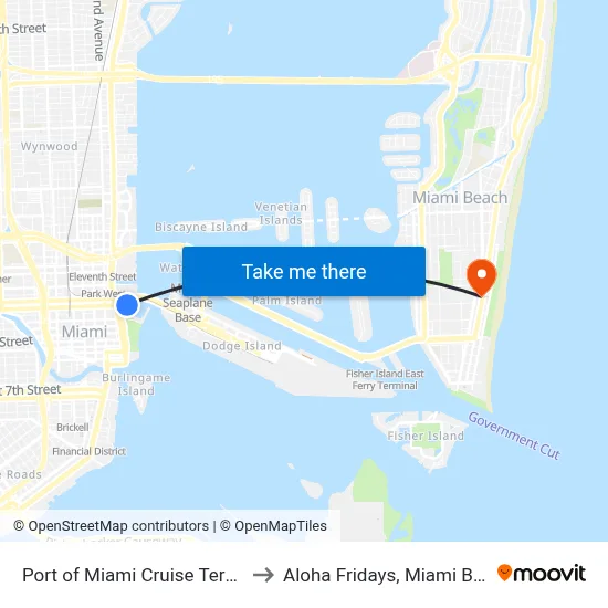 Port of Miami Cruise Terminal to Aloha Fridays, Miami Beach map