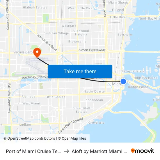 Port of Miami Cruise Terminal to Aloft by Marriott Miami Airport map