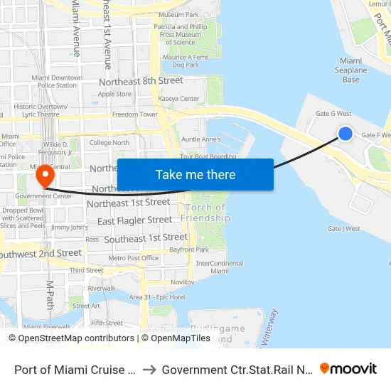 Port of Miami Cruise Terminal to Government Ctr.Stat.Rail Northbound map