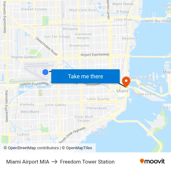 Miami Airport MIA to Freedom Tower Station map